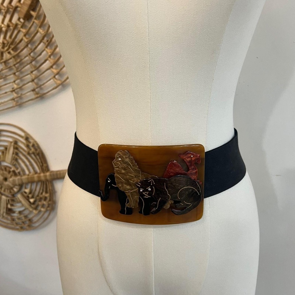 Vintage Safari Animal Resin Buckle Stretch Belt Lion Elephant Statement S-M - Picture 3 of 9